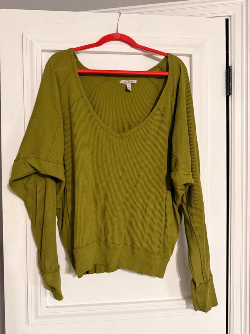 Free People Olive Green V-Neck Waffle Knit Top